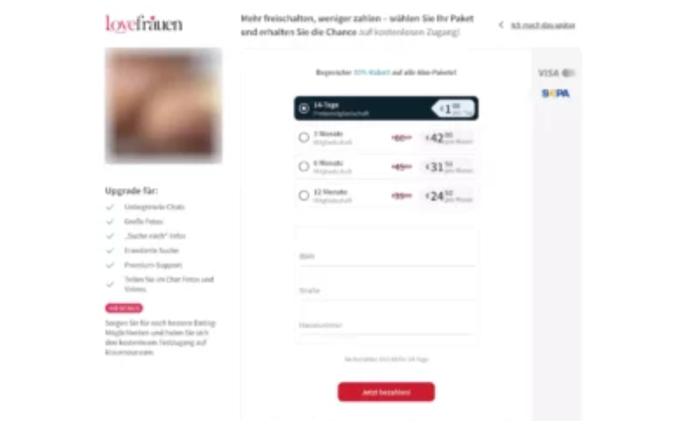 Bezahlseite von LoveFrauen mit den angebotenen Abo-Paketen